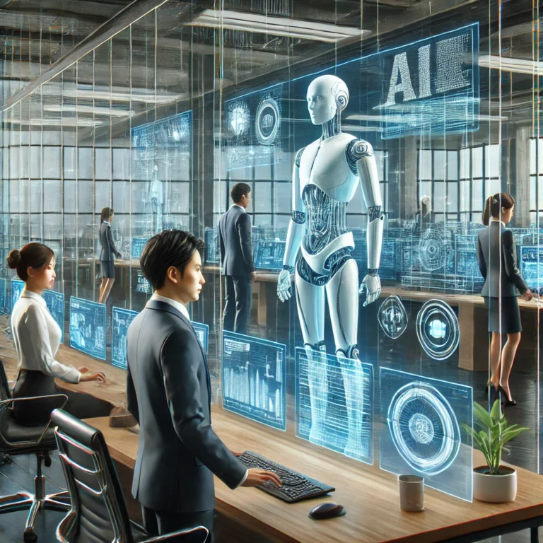 DALL·E-2024-07-14-00.18.13-A-realistic-image-showing-Japanese-professionals-in-a-modern-HR-office-with-advanced-AI-technology